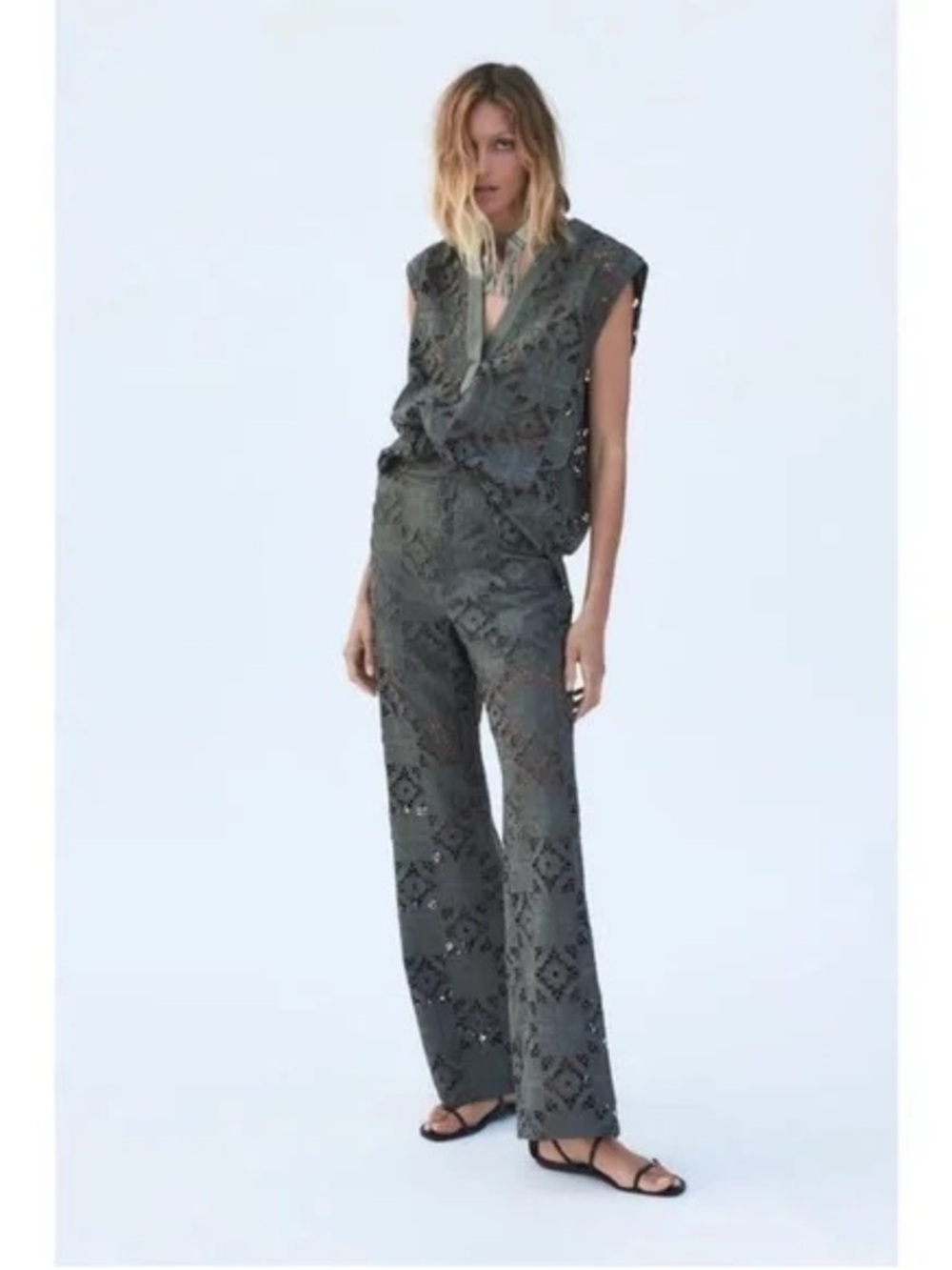 Zara Two piece set- Sleeveless Embroidered Wide-Leg in Olive Green